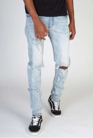 KDNK Destroyed Knee Ankle Zip Skinny Jean (Vintage Light Blue)