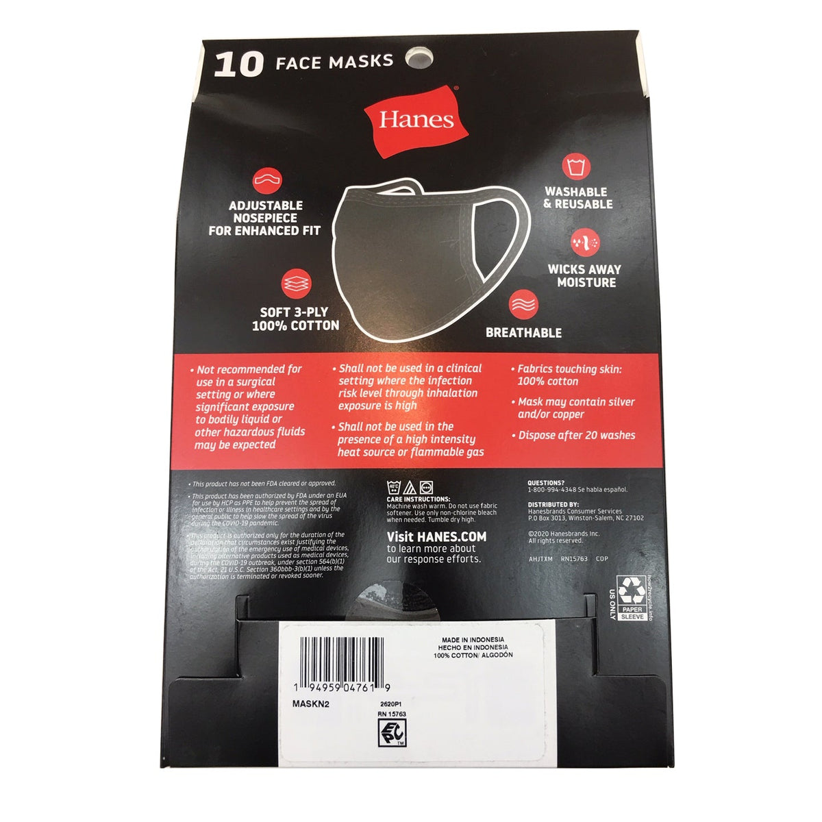 Hanes Black Cotton Face Mask 10 Pieces Pack ($1 per Piece) display picture 1
