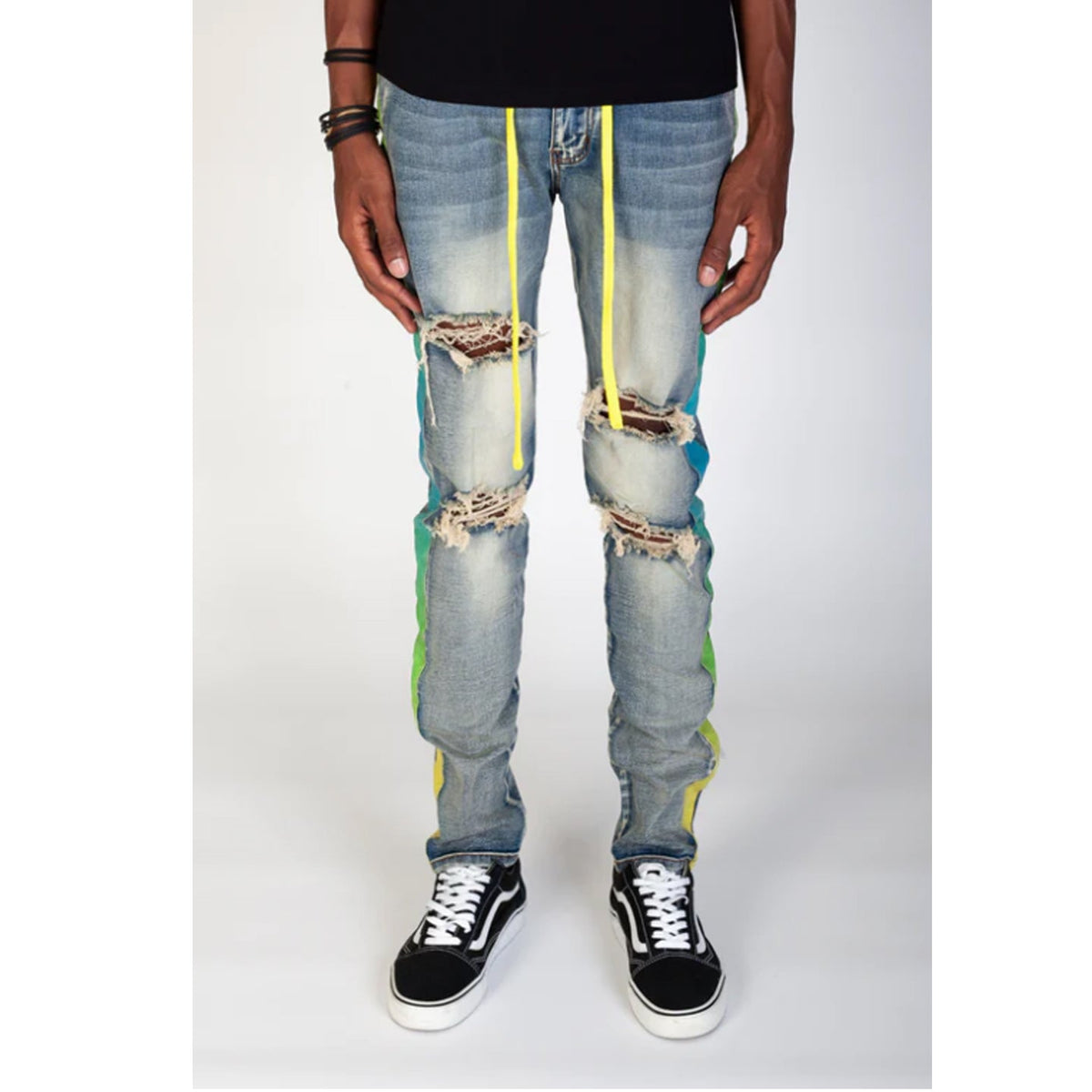 KDNK Side Tye-Dye Stripe Ripped Denim Jean (Blue)