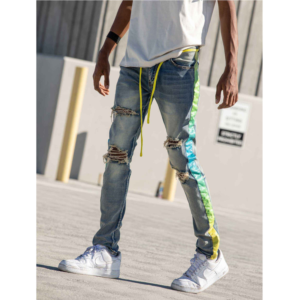 KDNK Side Tye-Dye Stripe Ripped Denim Jean (Blue)