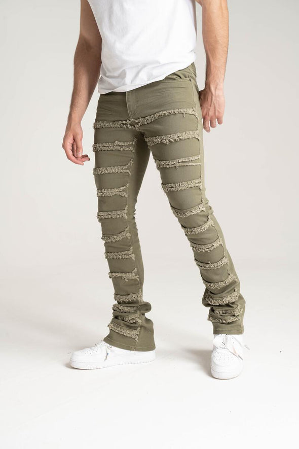 Spark Stretch Twill With 3D Crinkle & Multi Frayed Patch Stacked Jean (Olive)