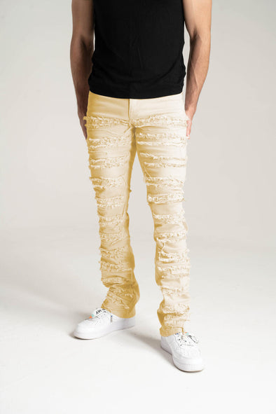 Spark Stretch Twill With 3D Crinkle & Multi Frayed Patch Stacked Jean (Bone)
