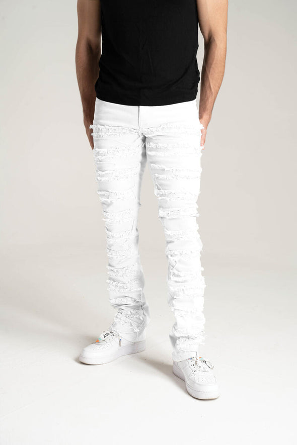 Spark Stretch Twill With 3D Crinkle & Multi Frayed Patch Stacked Jean (White)