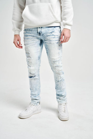 Spark Slim Fit Stretch Jeans with 3D Crinkle & Repair (Bleach Blue)