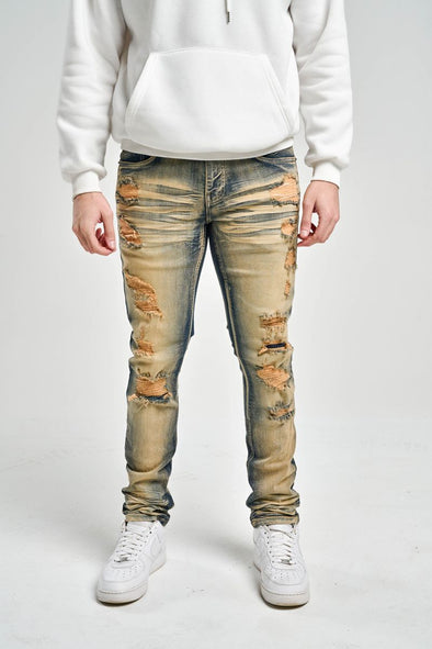Spark Slim Fit Stretch Jeans with 3D Crinkle & Repair (Dark Indigo)