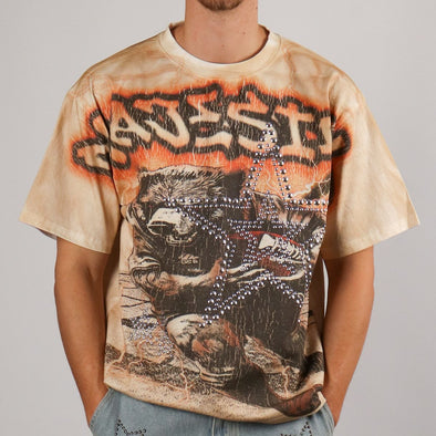 Majestik Bear Stud Oversized Rhinestone Croptop Tee (Khaki)