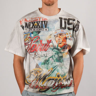 Majestik USA Oversized Rhinestone Croptop Tee (Cream)
