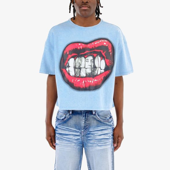 Copper Rivet Lips Oversized Croptop Tee (Sky Blue)