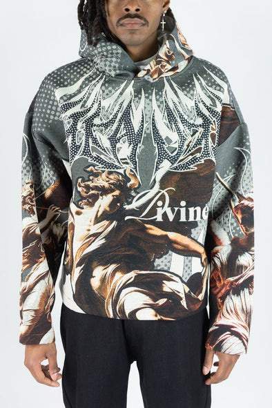 Rebel Minds Rhine Stone Heaven Tapestry Crop Hoodie (Charcoal)