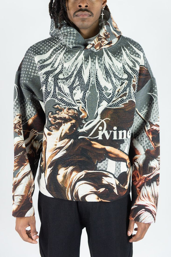 Rebel Minds Rhine Stone Heaven Tapestry Crop Hoodie (Charcoal)