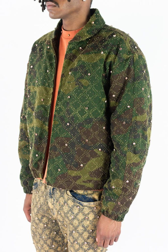 R3bel Rose Gold Stone Padded Bomber Jacket (Wood Camo)