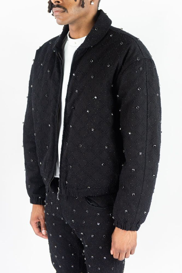 R3bel Rose Gloss Jet Black Stone Padded Bomber Jacket (Black)