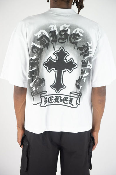 Rebel Minds Cross Rhinestone Crop Tee (White)