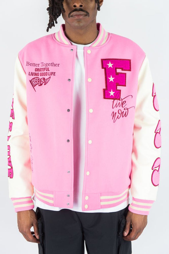 Rebel Minds Live and Love Melton Varcity Jacket (Pink)