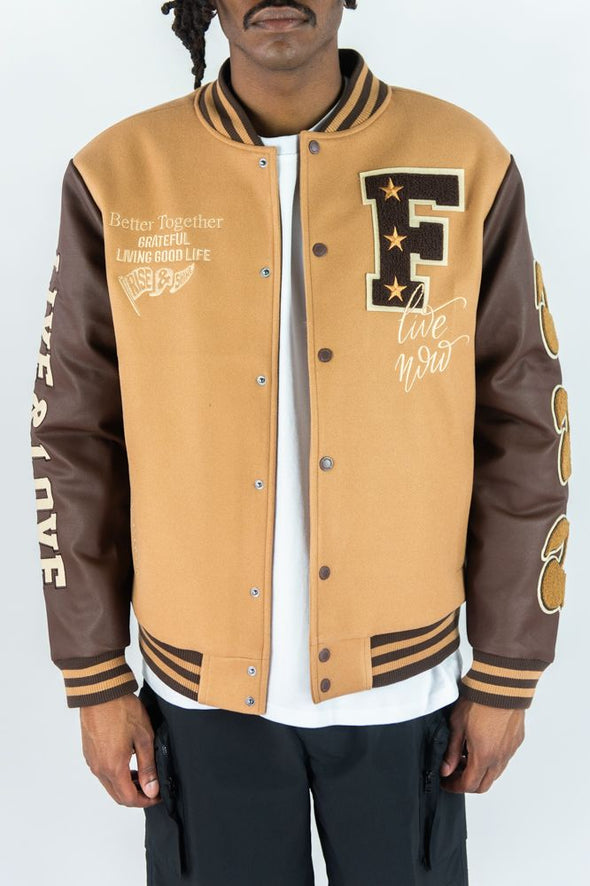 Rebel Minds Live and Love Melton Varcity Jacket (Caramel)