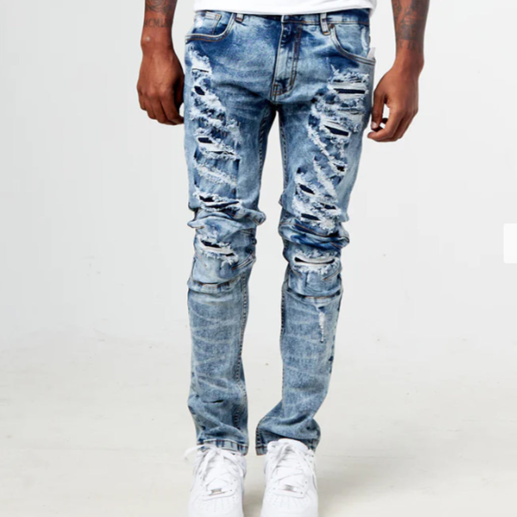 【DISCERNMENT】FW Tex Damege Medium Blue Denim PT Reagan Blue Denim Frayed Jean – FINESSE