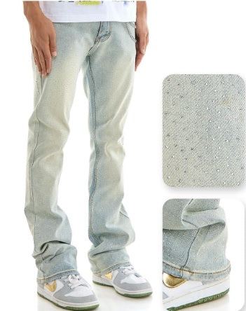KDNK Rhine Stone Stacked Jean with Chain (Light Blue)