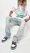 KDNK Rhine Stone Stacked Jean with Chain (Light Blue)
