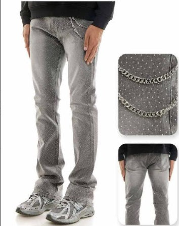 KDNK Rhine Stone Stacked Jean with Chain (Grey)