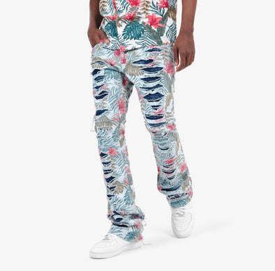 Copper Rivet Floral Stacked Pants (White)