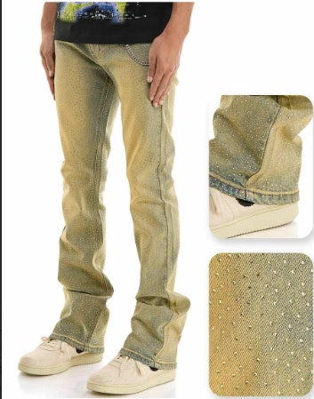 KDNK Rhine Stone Stacked Jean with Chain (Tint)