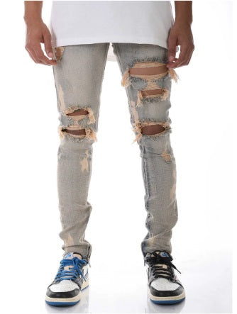 KDNK Bleached Ankle Zip Skinny Jean (Vintage Medium Blue)