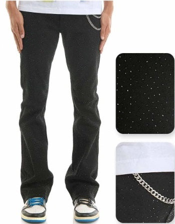 KDNK Rhine Stone Stacked Jean with Chain (Black)