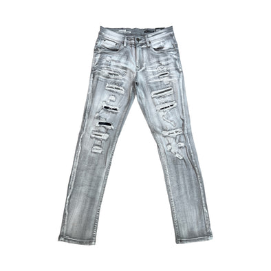 Copper Rivet Washed Ripped Wrinkle Jean (Grey)