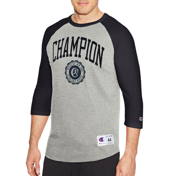 Champion Men's Heritage Baseball Slub Tee, Collegiate Logo With Crest (Grey) - Fashion Landmarks