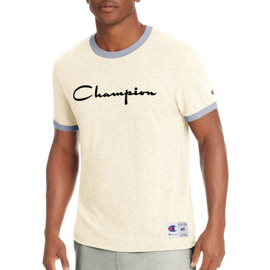 Champion Men's Heritage Ringer Tee, Flocked Script Logo (Cream) - UPSTREAMERS