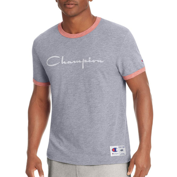 Champion Men's Heritage Ringer Tee, Flocked Script Logo (Navy) - UPSTREAMERS