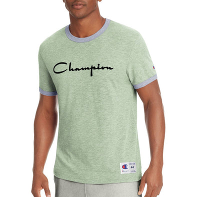 Champion Men's Heritage Ringer Tee, Flocked Script Logo (Olive) - UPSTREAMERS