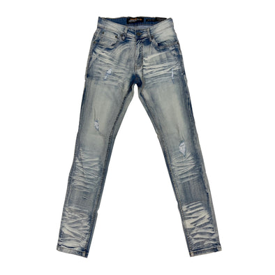 Copper Rivet Washed Ripped Wrinkle Jean (Light Sand Blue) - UPSTREAMERS