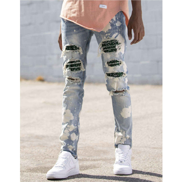 KDNK Rhine Stone Ripped Denim Jean (Blue) - UPSTREAMERS